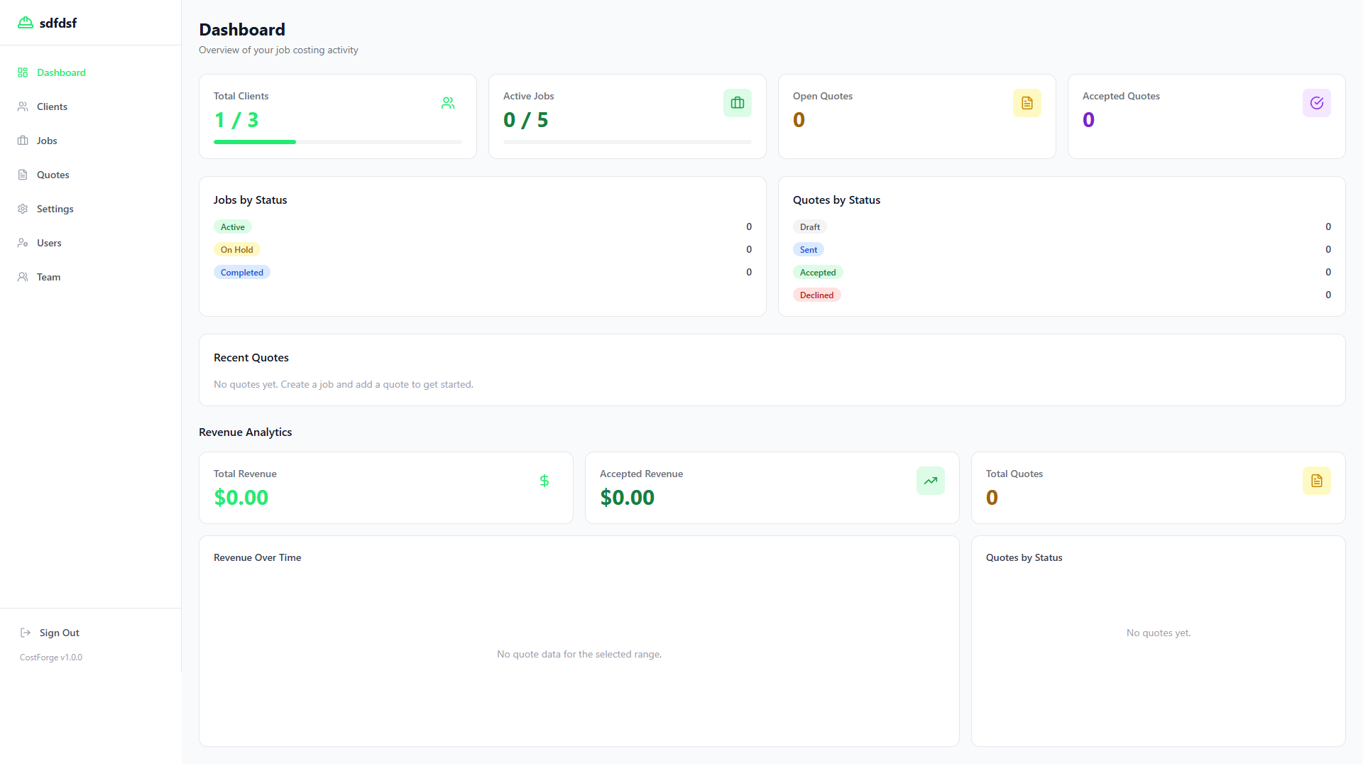 CostForge dashboard with quote and revenue metrics
