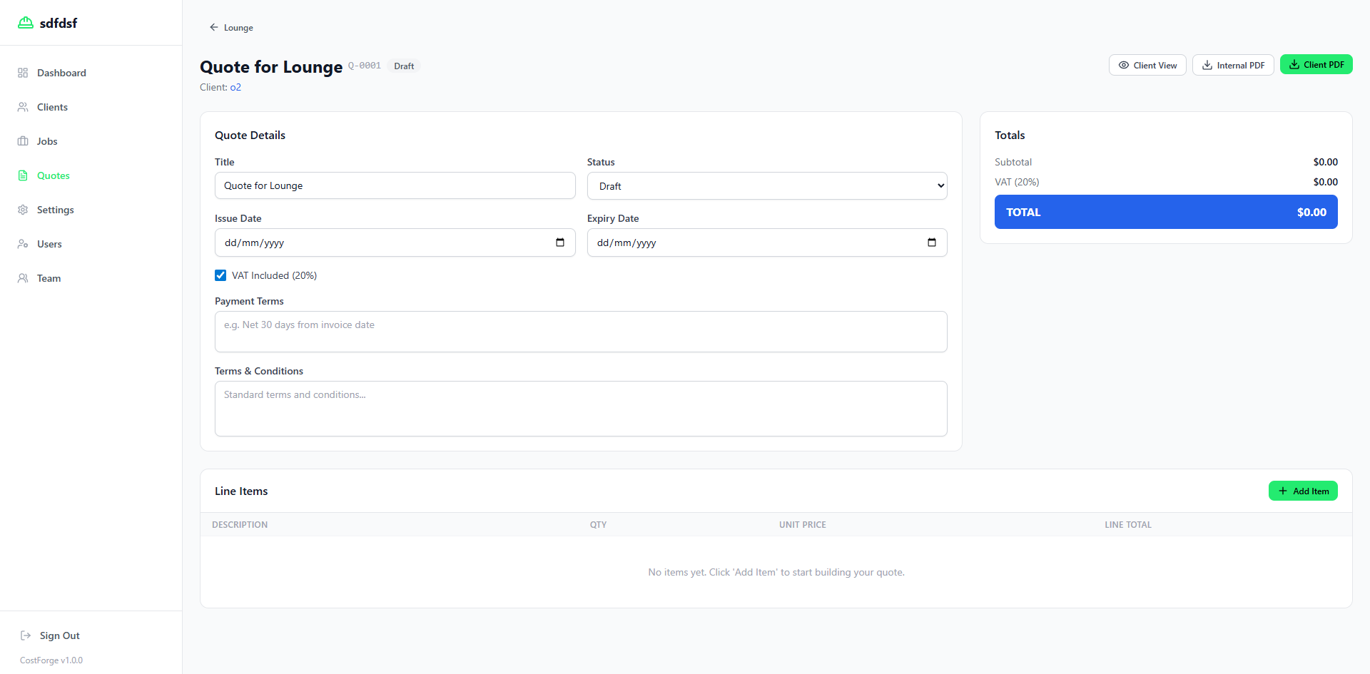 CostForge quote builder showing structured line items